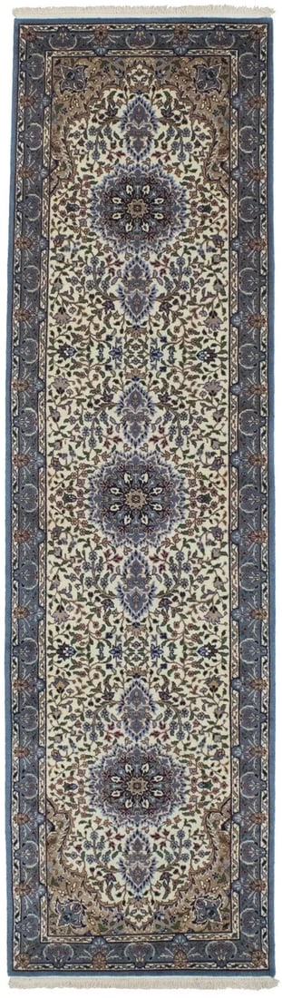 Wool Hand-Knotted Kirman Runner 2'7 x 9'5 Floral Rug: Wool Hand-Knotted Kirman Runner 2'7 x 9'5 Floral Rug This is a hand-knotted Kirman runner rug featuring a floral pattern with vibrant tones of cream, teal blue, rusty pink, navy blue, red, khaki, and 