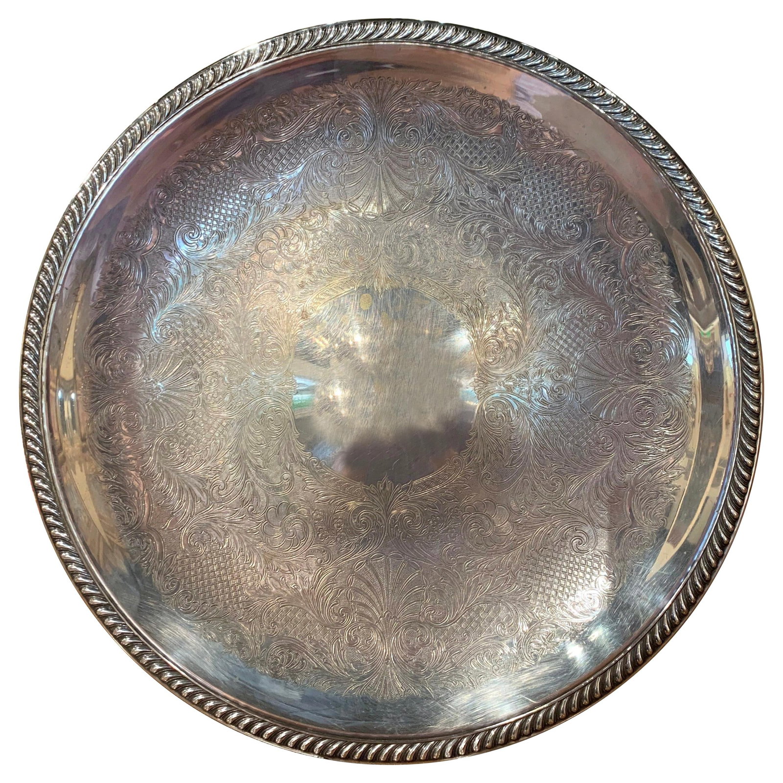 French Silver Plated Brass Tray 17.75 Inch Engraved Round (1 of 9)