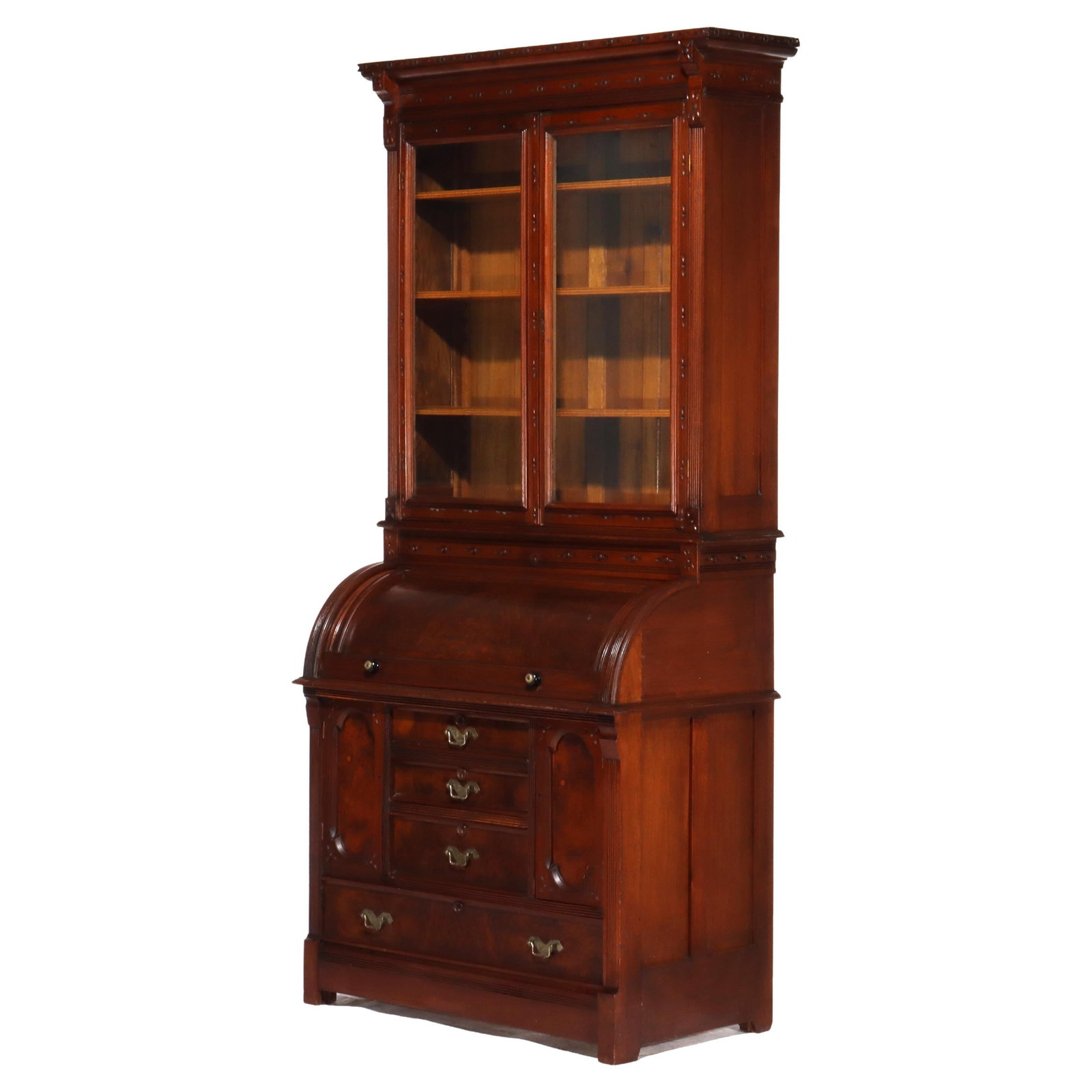 Victorian Eastlake Walnut Burl Cylinder Secretary Desk c1890: Victorian Eastlake Walnut Burl Cylinder Secretary Desk c1890 Discover a stunning Antique Victorian Eastlake Walnut & Burl Cylinder Secretary Desk from circa 1890. This exquisite two-piece desk showcas