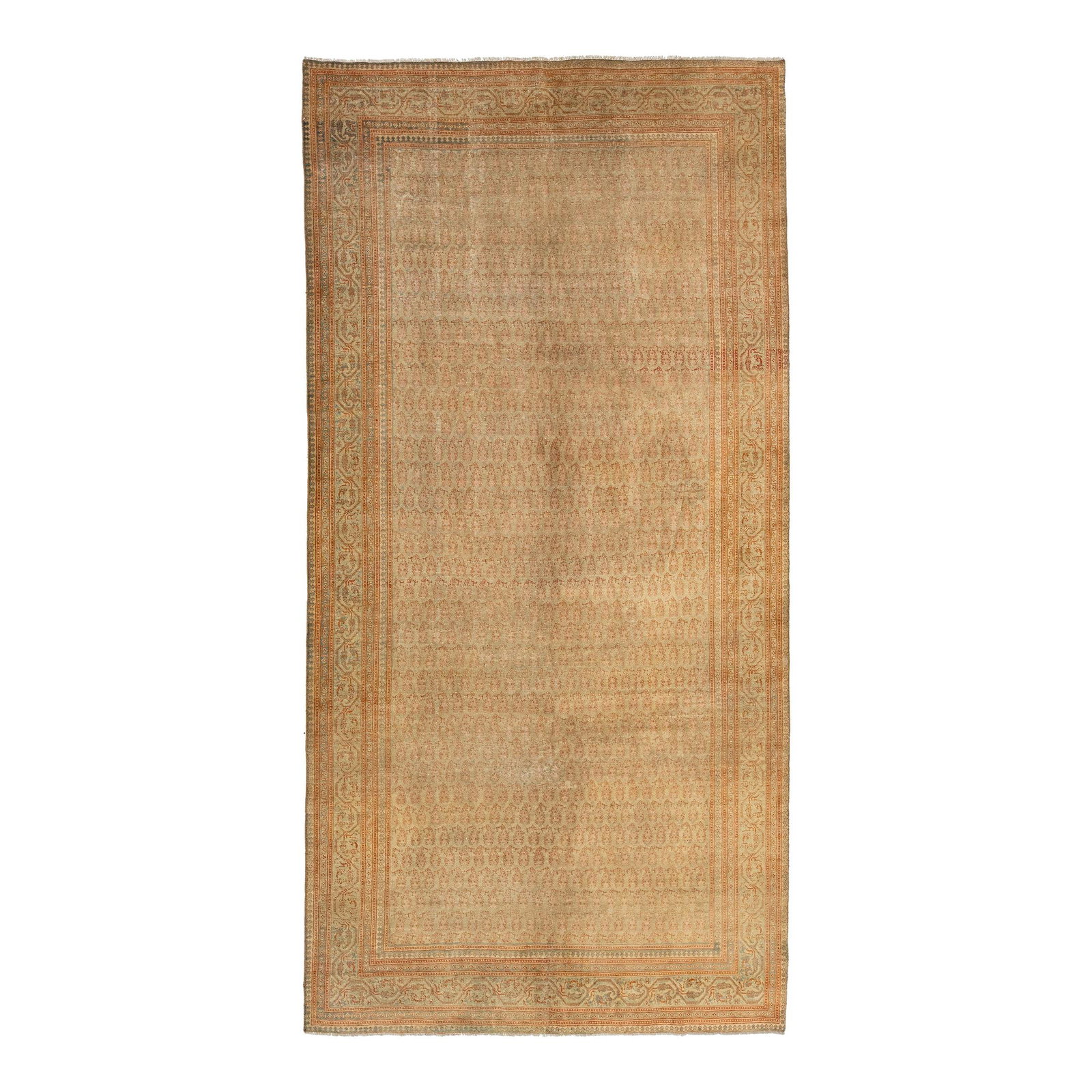 1920s Antique Sivas Gallery Wool Rug Beige Tan Boteh Pattern 5'5 x 11: 1920s Antique Sivas Gallery Wool Rug Beige Tan Boteh Pattern 5'5 x 11 Discover the elegance of this exquisite 1920s Antique Sivas hand-knotted wool rug, featuring a rich beige-tan field complemented b