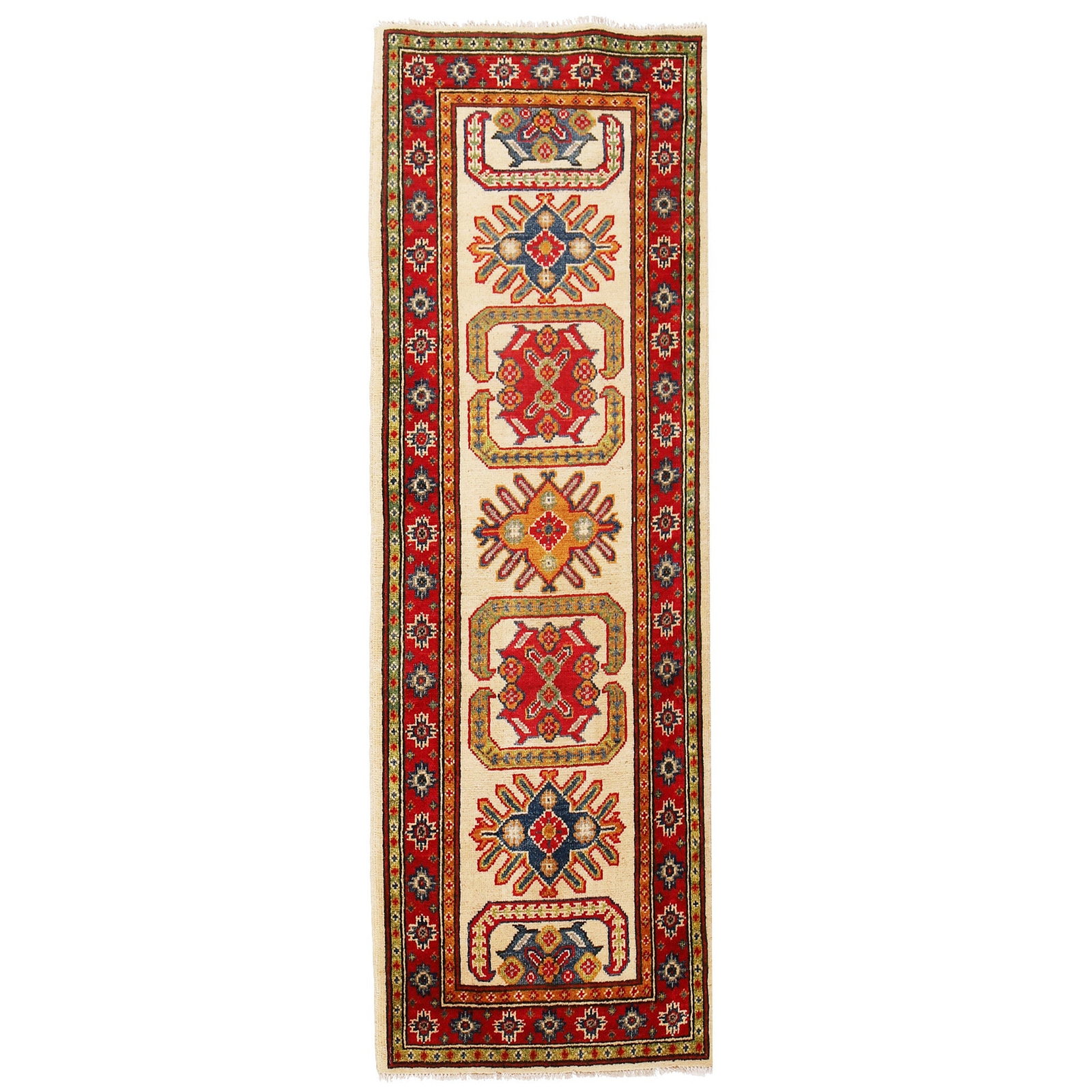 Handmade 2.1 x 5.11 Kazak Runner Rug in Ivory Wool: Handmade 2.1 x 5.11 Kazak Runner Rug in Ivory Wool Free continental US Shipping Introducing a stunning handmade Kazak runner rug that measures 2.1 x 5.11 feet (25 x 71 inches) and showcases exquisite 