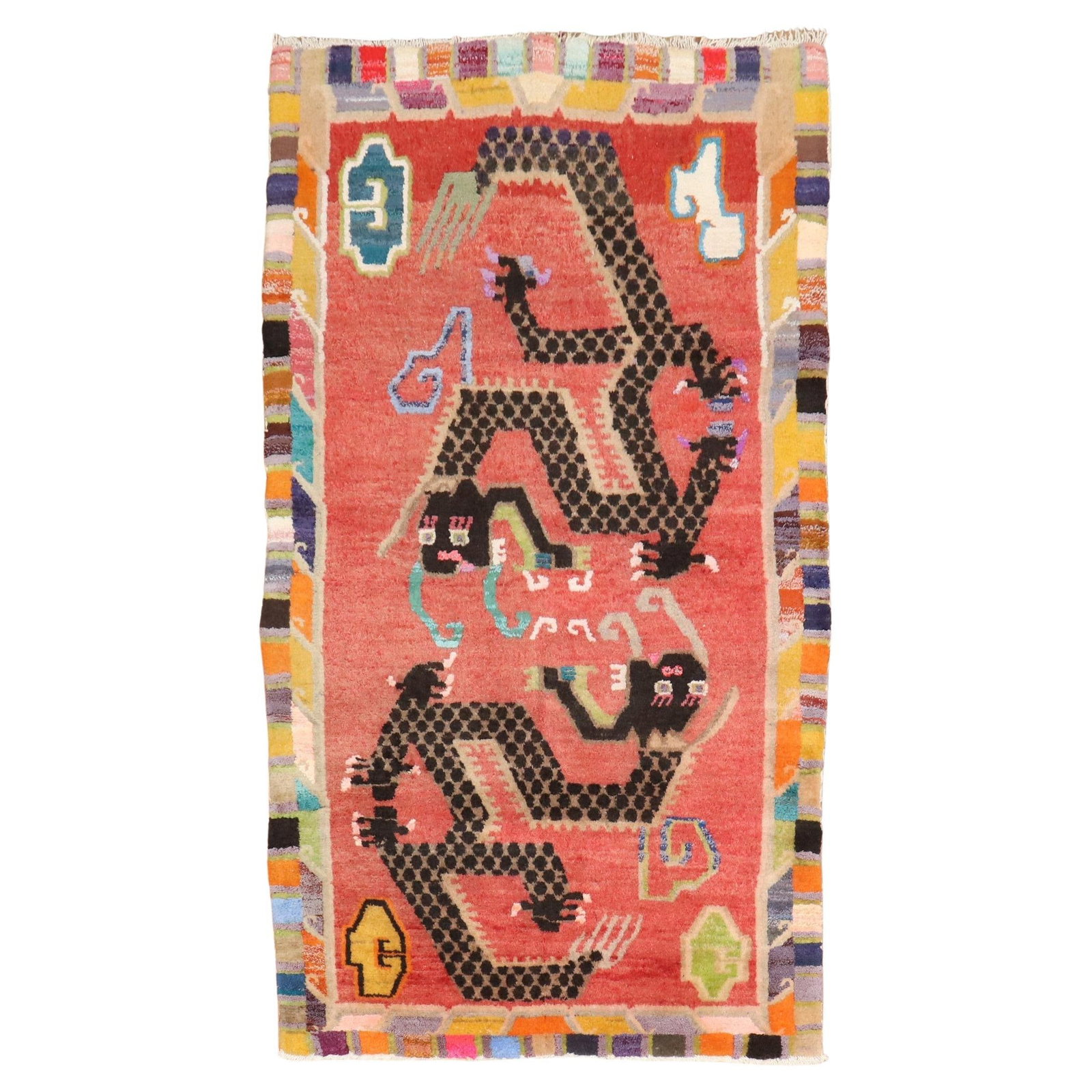 Vintage Tibetan Rug Colorful Dragon Folk Art Hand-Knotted 37 x 61: Vintage Tibetan Rug Colorful Dragon Folk Art Hand-Knotted 37 x 61 Discover the unique charm of this vintage Tibetan rug, featuring a vibrant dragon motif that adds character to any space. Hand-knotted