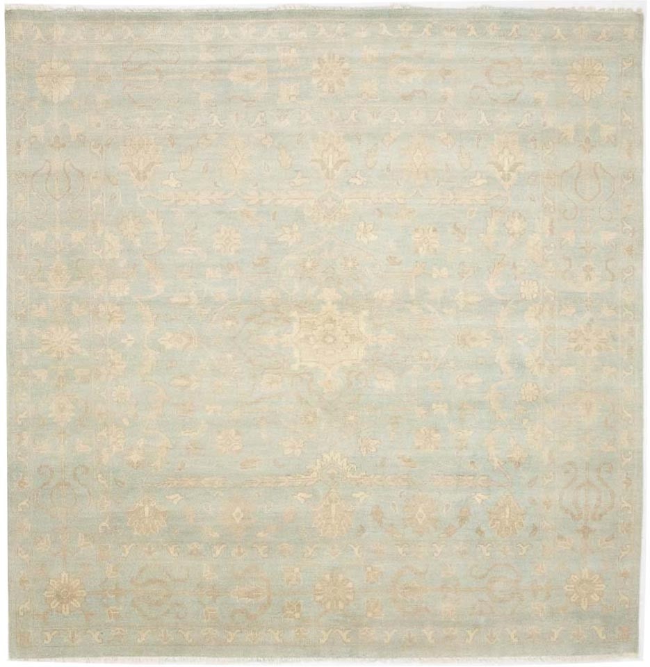 Square Hand-Knotted Wool Floral Transitional Rug 10x10 Aqua Blue Beige: Square Hand-Knotted Wool Floral Transitional Rug 10x10 Aqua Blue Beige This is a pre-owned, hand-knotted square area rug featuring a muted aqua floral pattern in a transitional Oriental style. Made fr