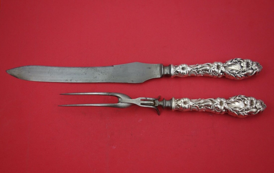 Whiting Lily Sterling Silver Roast Carving Set 2pc Monogrammed Knife Fork: Whiting Lily Sterling Silver Roast Carving Set 2pc Monogrammed Knife Fork This exquisite 2-piece roast carving set features the elegant "Lily" pattern by Frank M. Whiting, crafted from sterling silver