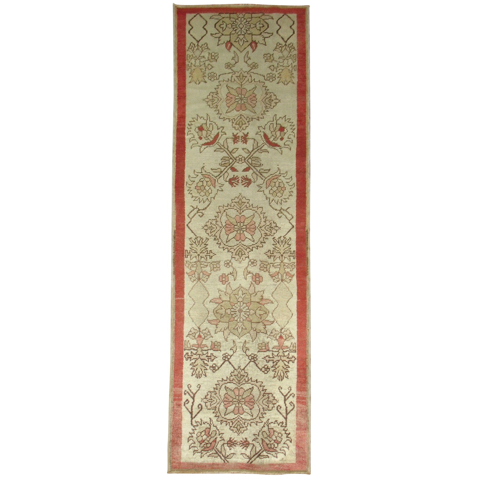 Vintage Turkish Anatolian Wool Runner Art Nouveau Floral: Vintage Turkish Anatolian Wool Runner Art Nouveau Floral This vintage Turkish Anatolian runner from the 20th century features an Art Nouveau style with floral motifs. Crafted from wool, it showcases a