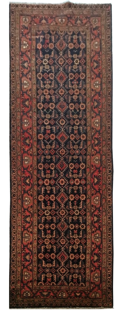 Handcrafted 3.7 x 14.1 Brown Persian Hamadan Runner Rug (1 of 6)