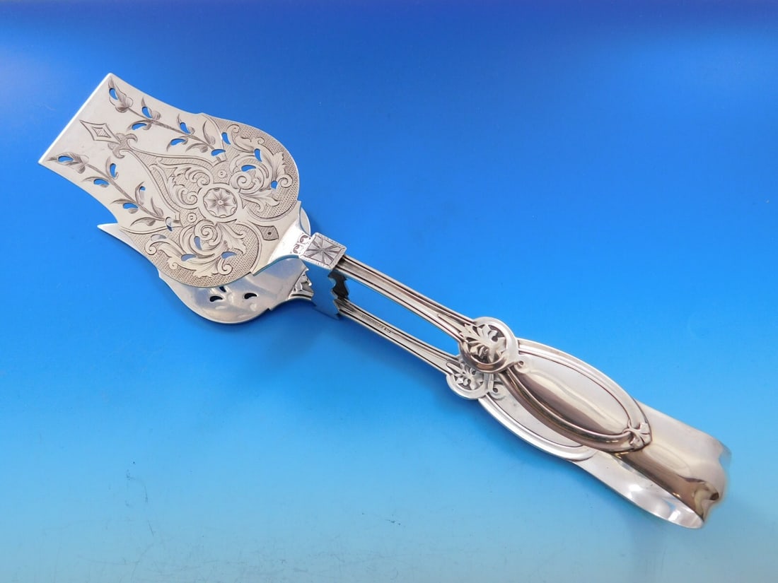Wendt Union Sterling Silver Asparagus Tong 10 1/4 Vintage Bright-Cut (1 of 6)
