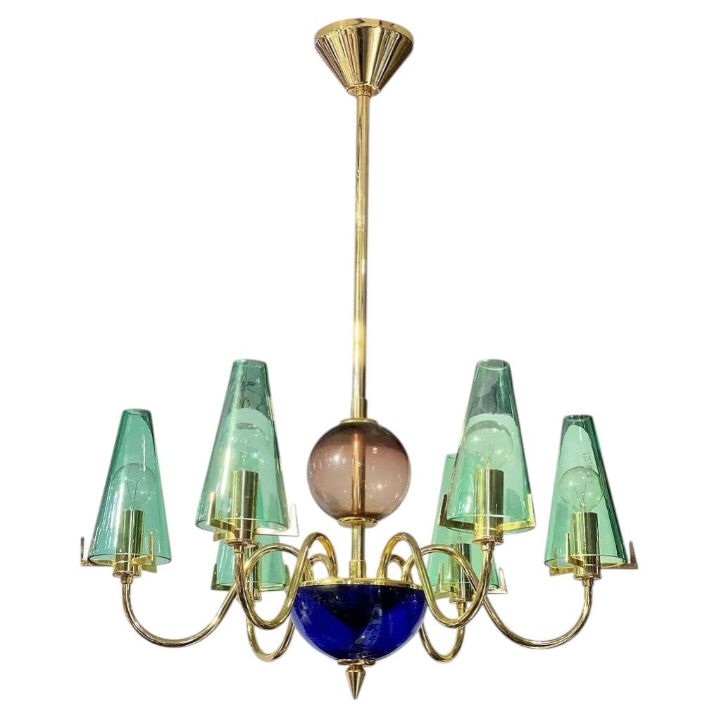 Italian Murano Brass Six-Light Chandelier with Cobalt Blue Glass (1 of 9)
