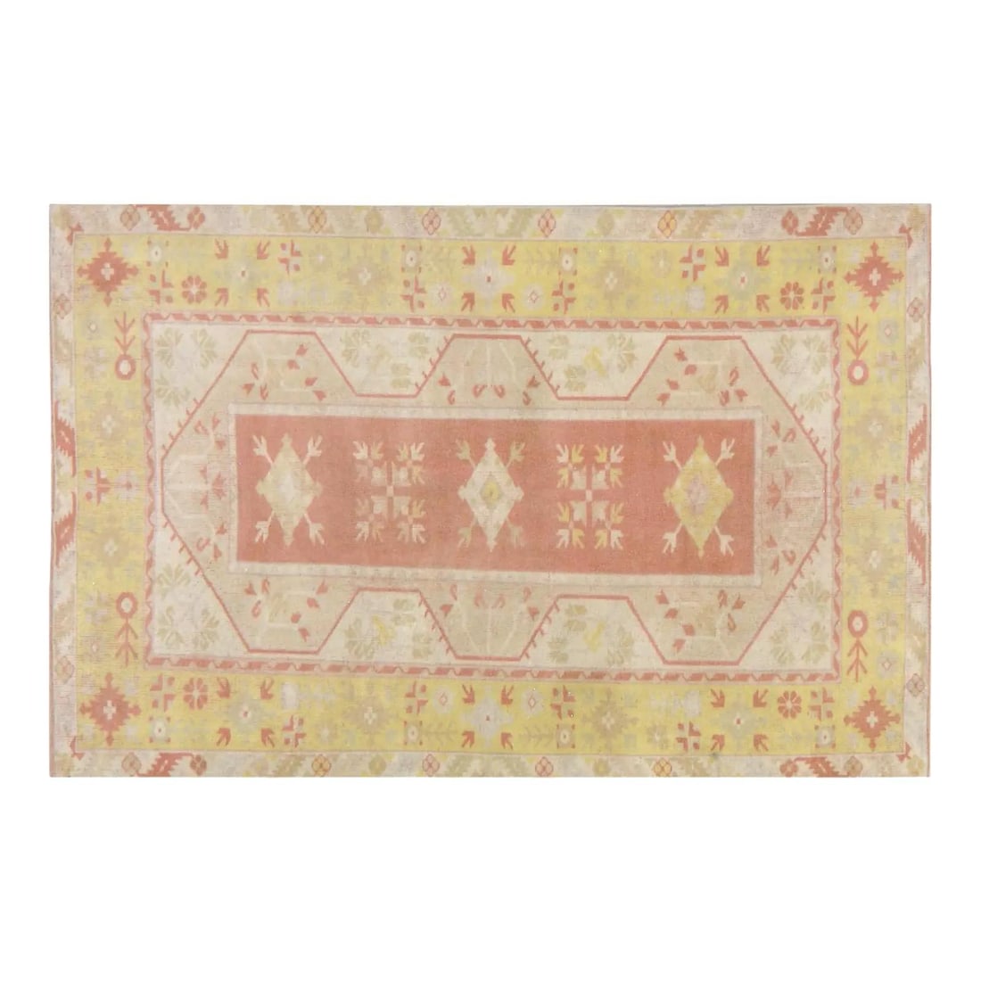 Mustard Wool Anatolian Rug Hand Knotted 4'x6'1" Vintage Turkish Carpet: Mustard Wool Anatolian Rug Hand Knotted 4'x6'1" Vintage Turkish Carpet This vintage Turkish Anatolian rug is hand-knotted from wool using traditional techniques, combining timeless craftsmanship with 