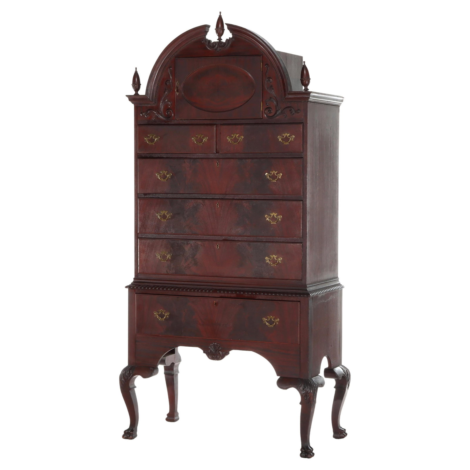 Mahogany Bonnet Top Highboy in Queen Anne Style Circa 1900: Mahogany Bonnet Top Highboy in Queen Anne Style Circa 1900 This antique Queen Anne style bonnet top highboy, crafted around 1900, showcases rich mahogany construction with elegant carved finials and d