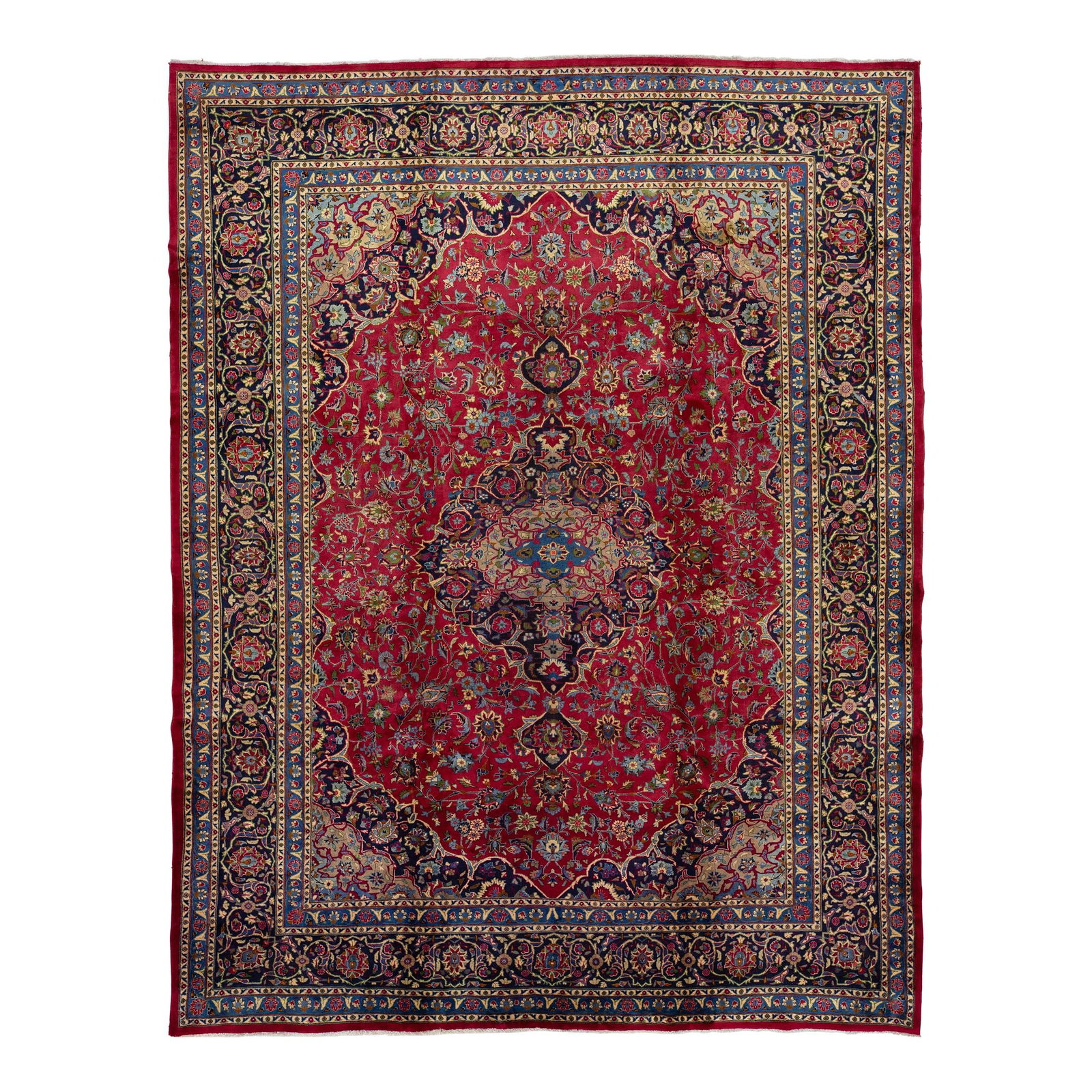 10 x 13 Vintage Mashad Persian Wool Rug Red Medallion Design: 10 x 13 Vintage Mashad Persian Wool Rug Red Medallion Design This exquisite vintage Mashad Persian wool rug showcases a vibrant red field adorned with a navy blue frame and multicolored accents, addin