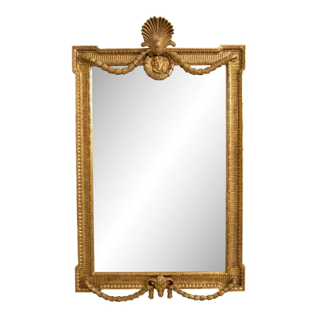 Vintage Gold Gilt Rams Head Wall Mirror 33" x 54" French Style: Vintage Gold Gilt Rams Head Wall Mirror 33" x 54" French Style Elevate your decor with this stunning Vintage Ornate Gold Gilt Frame Figural Rams Head Wall Mirror. This impressive piece showcases fine 
