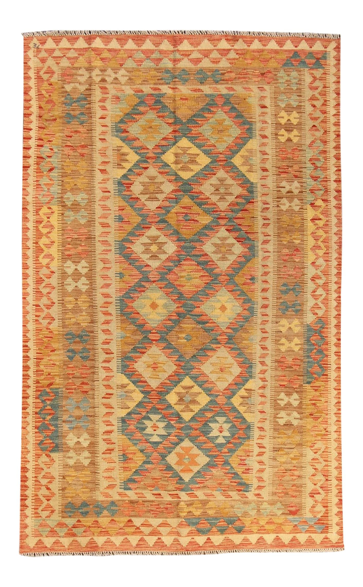 21st Century Hand Knotted Wool Kilim Rug Burnt Orange 5'2 x 8'2: 21st Century Hand Knotted Wool Kilim Rug Burnt Orange 5'2 x 8'2 Enhance your space with this stunning modern kilim rug, expertly hand knotted from premium wool. Featuring a warm tan field and vibrant 