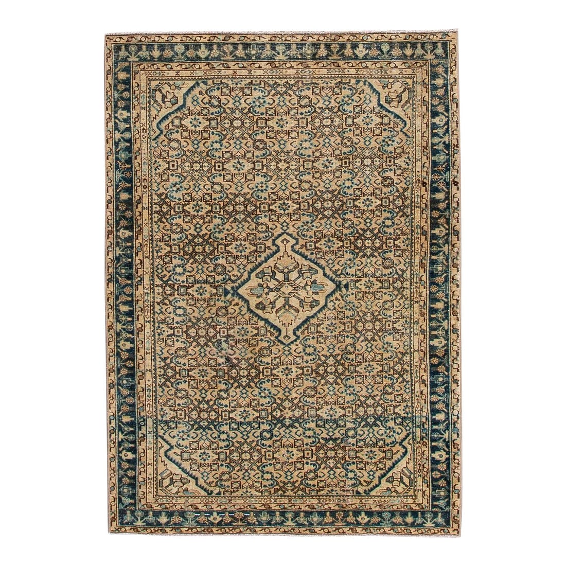 Vintage Persian Handmade Beige Wool Rug with Geometric Medallion: Vintage Persian Handmade Beige Wool Rug with Geometric Medallion Enhance your space with this stunning Vintage Persian Distressed Handmade Wool Rug. Featuring a beautiful beige field adorned with blue