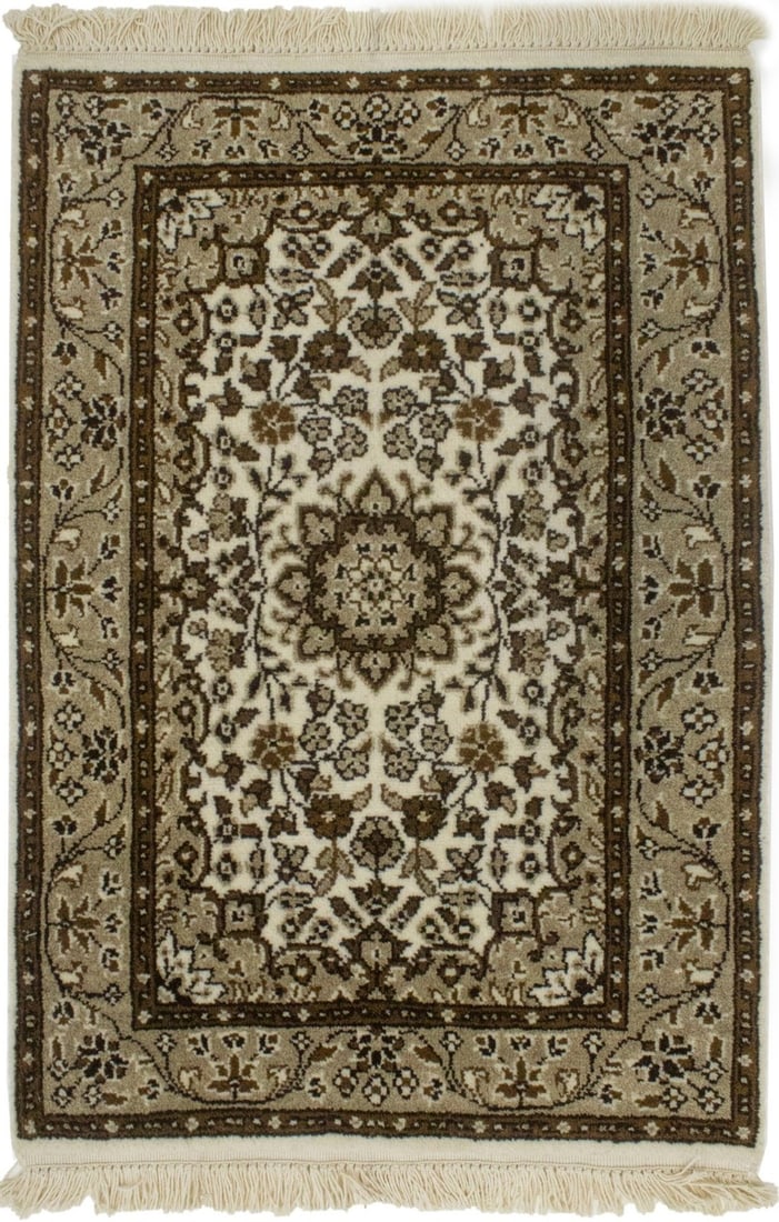 Hand-Knotted Wool Area Rug Cream Floral Kirman Design 2'0 x 3'0: Hand-Knotted Wool Area Rug Cream Floral Kirman Design 2'0 x 3'0 This extra fine handmade Kirman-style area rug features a cream background with a floral pattern in shades of brown, khaki, and other co