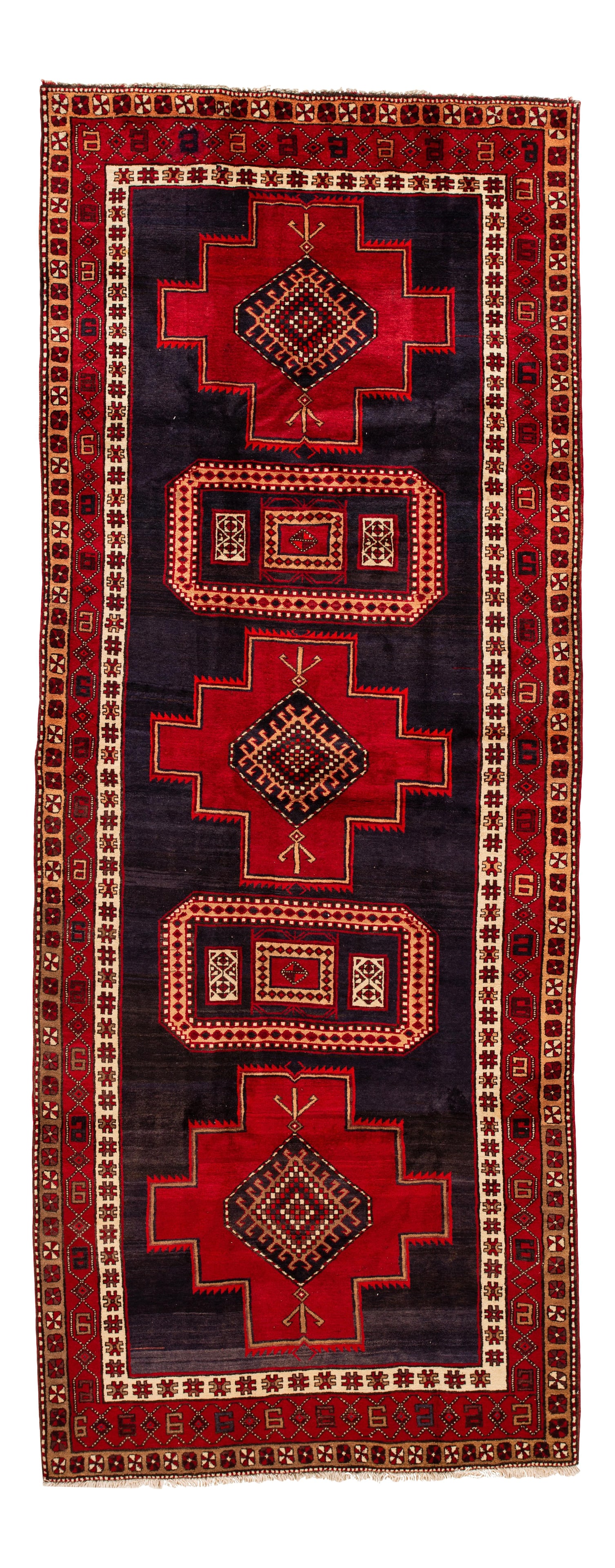 Vintage Persian Handmade Wool Runner Blue Red Geometric Design 4'10 x 12'3: Vintage Persian Handmade Wool Runner Blue Red Geometric Design 4'10 x 12'3 This exquisite Vintage Persian Handmade Wool Runner showcases a captivating blue and red field adorned with multicolor accent