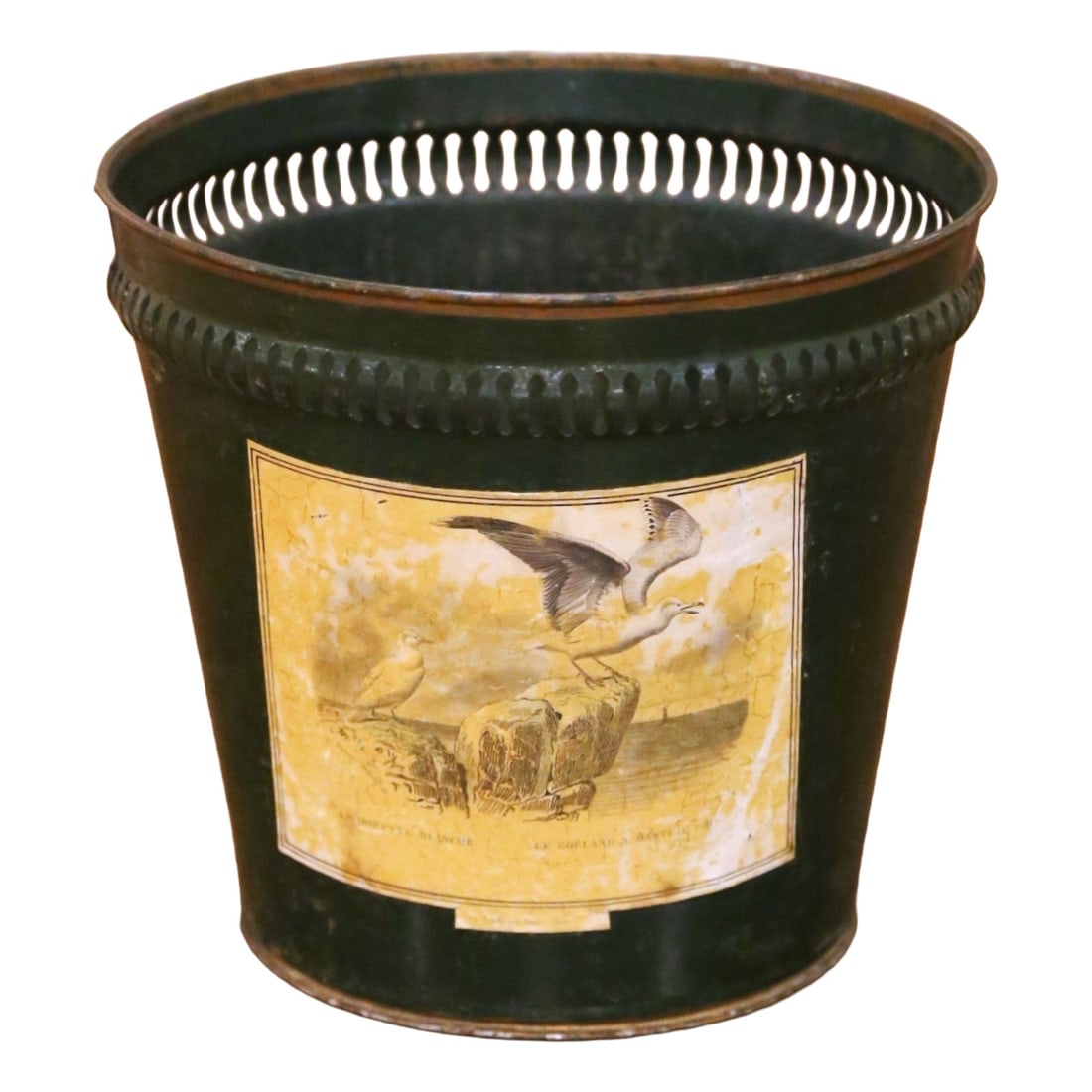 French Tole Bird Motif Waste Basket 8.5 Inch Diameter (1 of 8)