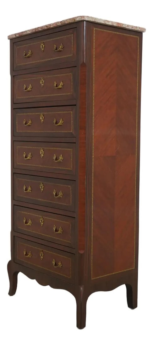 Marble Top Lingerie Chest with Inlay and Queen Anne Legs: Marble Top Lingerie Chest with Inlay and Queen Anne Legs This vintage French style lingerie chest features elegant inlay work throughout, Queen Anne legs with pad feet, and solid brass hardware. The p