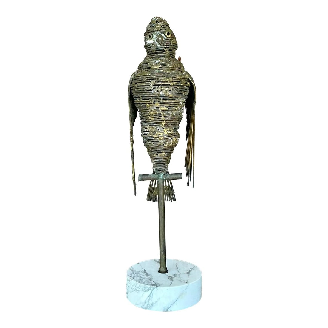 H.W. Hauptman Vintage Brass Karl Bird Sculpture on Marble Base: H.W. Hauptman Vintage Brass Karl Bird Sculpture on Marble Base Introducing the exquisite vintage brass 'Karl Bird' sculpture by H.W. Hauptman, an enchanting addition to any Boho or Mid-Century inspire