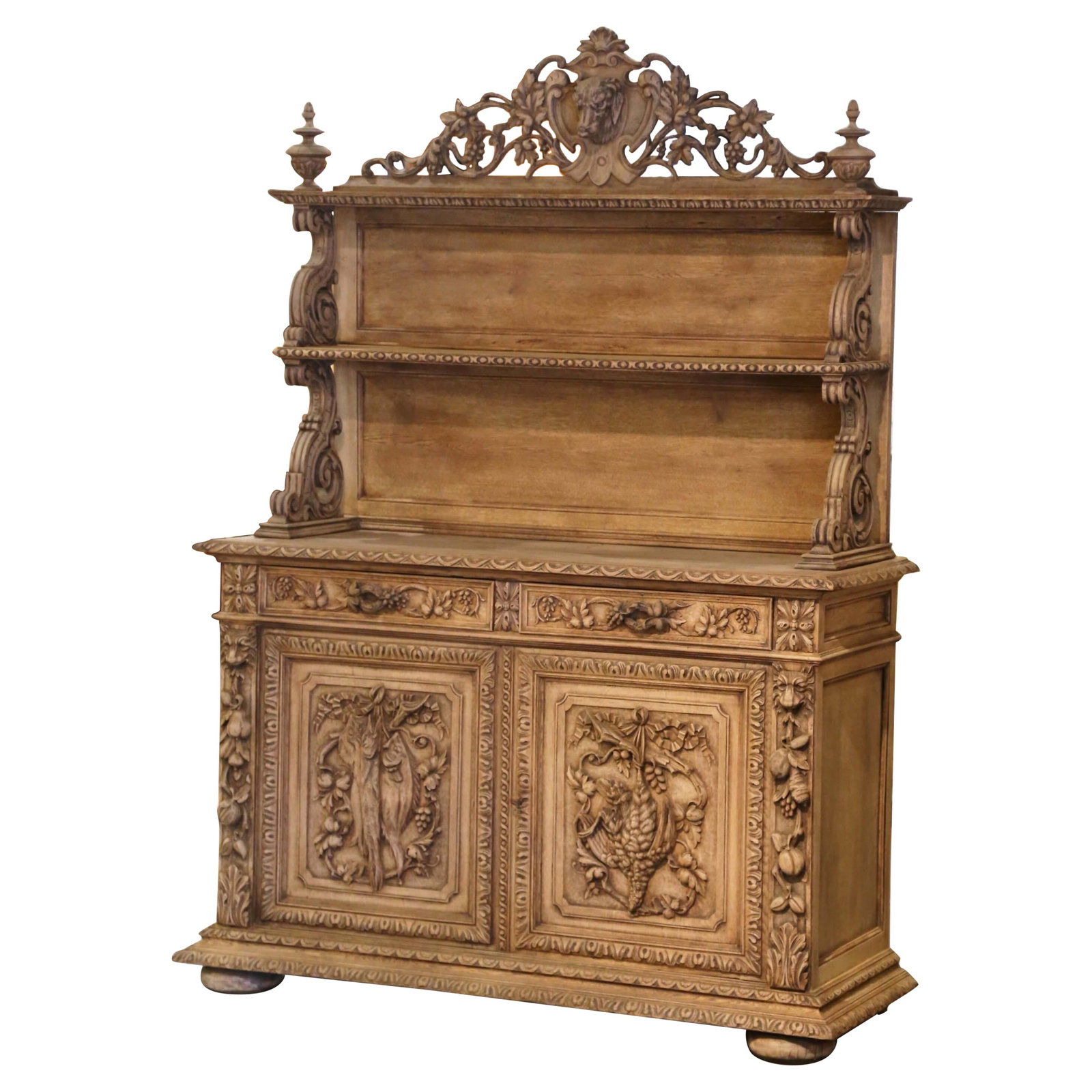 French Black Forest Oak Hunt Buffet Desserte 84 in Tall: French Black Forest Oak Hunt Buffet Desserte 84 in Tall This late 19th century French Black Forest hunt buffet desserte is a striking example of hand-carved craftsmanship. Made from solid bleached oak