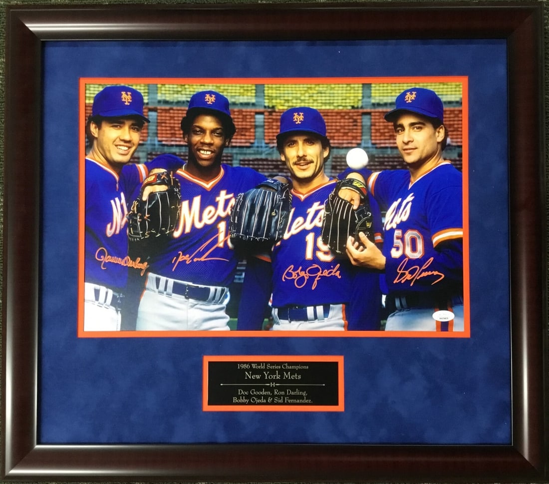 1986 NY Mets Multi-Signed Photo Gooden Darling Ojeda Fernandez JSA Framed: 1986 NY Mets Multi-Signed Photo Gooden Darling Ojeda Fernandez JSA Framed Capture a piece of baseball history with this stunning multi-signed photograph featuring four iconic New York Mets players: Dw