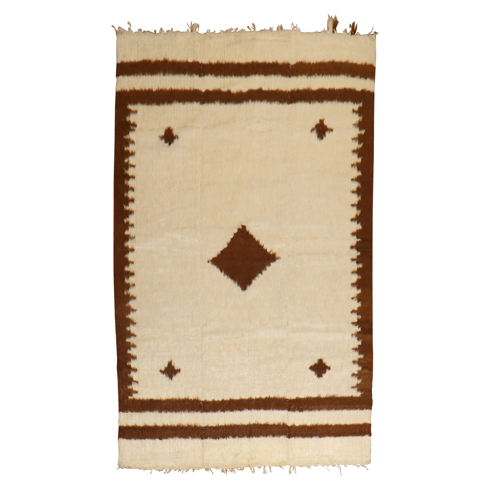 Moorish Vintage Angora Mohair Rug 4'4 x 6'9 Hand-Woven Turkey: Moorish Vintage Angora Mohair Rug 4'4 x 6'9 Hand-Woven Turkey Experience the luxurious texture of this vintage Angora mohair rug, beautifully hand-woven in a Moorish style. The elegant brown and ivory