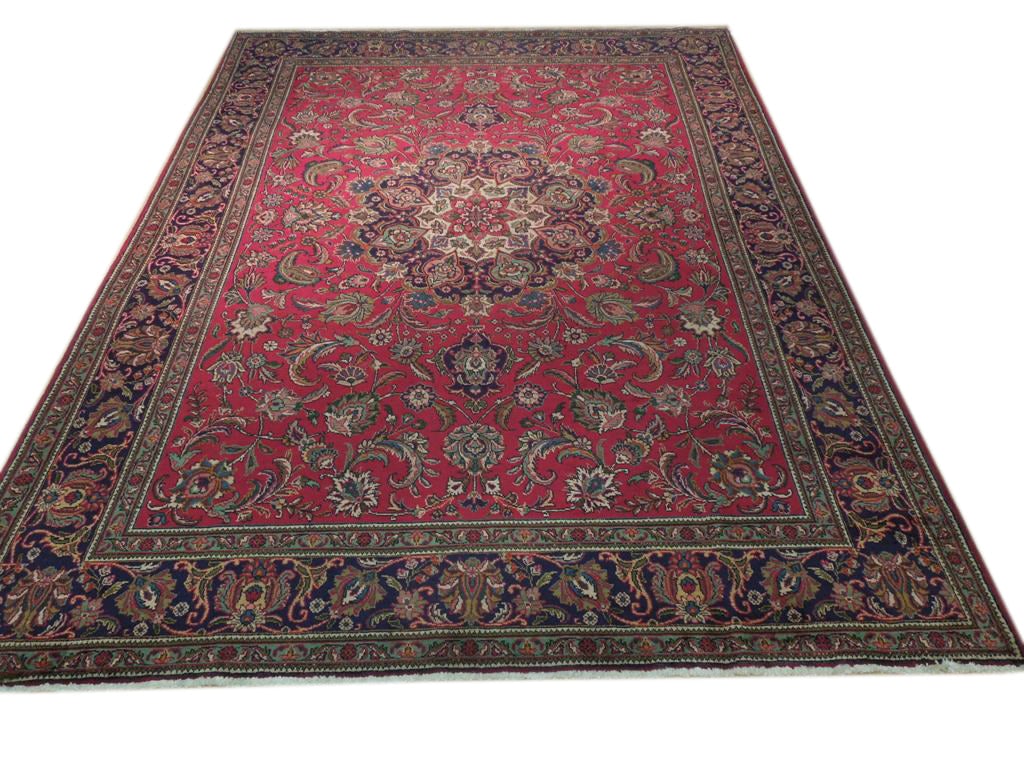 9'10 x 13'4 Red Tabriz Area Rug Handwoven Semi-Antique Persian Elegance: 9'10 x 13'4 Red Tabriz Area Rug Handwoven Semi-Antique Persian Elegance Free continental US Shipping Transform your living space with this exquisite 9' 10" x 13' 4" Red Traditional Semi-Antique Persia