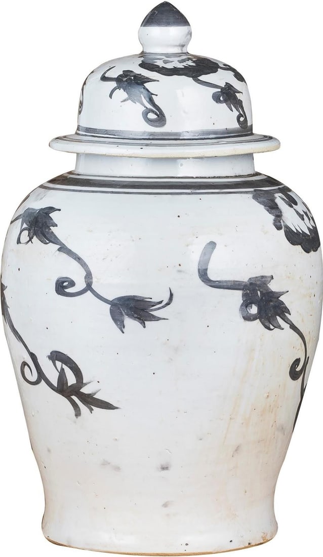 Handmade Chinoiserie Black Vine Motif Ceramic Temple Jar 19H: Handmade Chinoiserie Black Vine Motif Ceramic Temple Jar 19H This exquisite Traditional Black Vine Motif Temple Jar combines elegance and artistry, making it a stunning addition to any decor. Crafted 