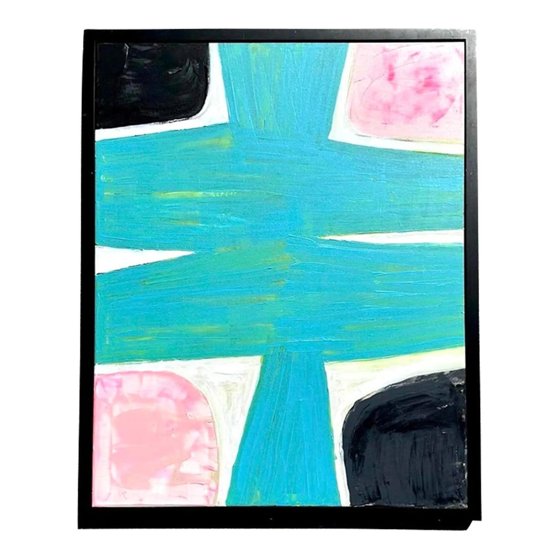 Mid Century Abstract Canvas Art With Turquoise Cross and Color Blocks: Mid Century Abstract Canvas Art With Turquoise Cross and Color Blocks This vintage abstract painting on canvas features a vivid interplay of colors and shapes, highlighted by a central turquoise cross