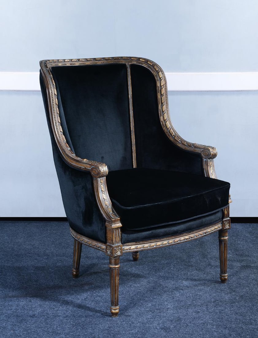 Elegant Louis XVI Bergere Chair Solid Wood Velvet Antiqued Gold Finish: Elegant Louis XVI Bergere Chair Solid Wood Velvet Antiqued Gold Finish Introducing a Luxurious Vintage Style Bergere Chair, crafted in the elegant Louis XVI style. This exquisite chair features a hand