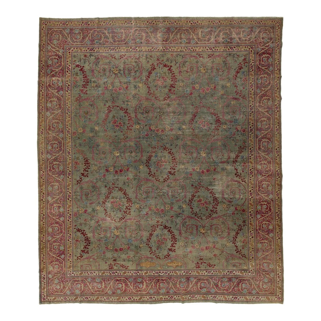 1890s Green Antique Indian Agra Handmade Wool Floral Rug 12'7 x 14'8: 1890s Green Antique Indian Agra Handmade Wool Floral Rug 12'7 x 14'8 This exquisite late 19th century Agra rug exemplifies the artistry of traditional Indian craftsmanship. Handwoven from high-quality