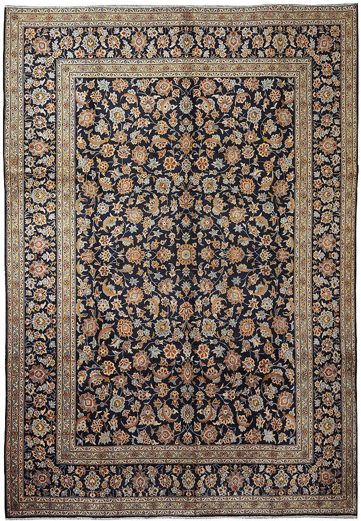 Handmade 9.5 x 12.9 Persian Wool Rug Navy Blue Floral Kashan Iran: Handmade 9.5 x 12.9 Persian Wool Rug Navy Blue Floral Kashan Iran Free continental US Shipping This premium handmade Persian area rug features a hand-knotted wool pile with an all-over Kashan floral p