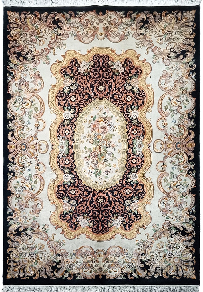 6.4 x 8.2 Wool Silk Aubusson Savannerie Handmade Area Rug: 6.4 x 8.2 Wool Silk Aubusson Savannerie Handmade Area Rug Free continental US Shipping Elevate your home decor with this exquisite 6.4 x 8.2 Wool and Silk French Aubusson Savannerie Handmade Rug. Craf
