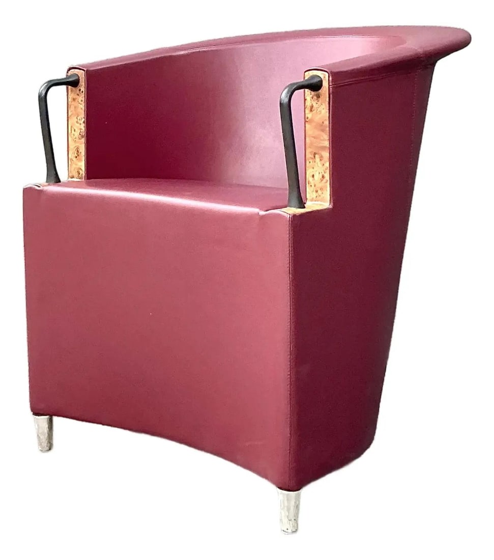 Artema Italian Lounge Chair With Leather and Burl Wood Accents by Paola Piva: Artema Italian Lounge Chair With Leather and Burl Wood Accents by Paola Piva This vintage Italian "Artema" lounge chair, designed by Paola Piva for B&B Italia, exemplifies high-style 1980s Modernism. 