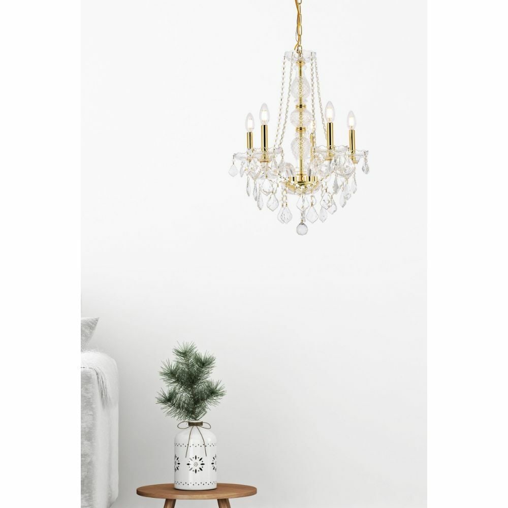 Verona Gold Crystal 5-Light Venetian Style Pendant Chandelier: Verona Gold Crystal 5-Light Venetian Style Pendant Chandelier This French-inspired pendant chandelier features a gold-plated finish and is adorned with clear Royal Cut crystals in the Venetian style. 