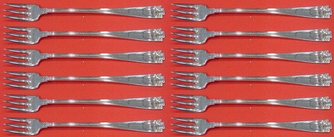 Gorham Etruscan Sterling Silver Cocktail Fork Set 12 Pieces Art Deco: Gorham Etruscan Sterling Silver Cocktail Fork Set 12 Pieces Art Deco This exquisite 12-piece cocktail fork set showcases the Etruscan pattern by Gorham, a true representation of Art Deco design. Each 
