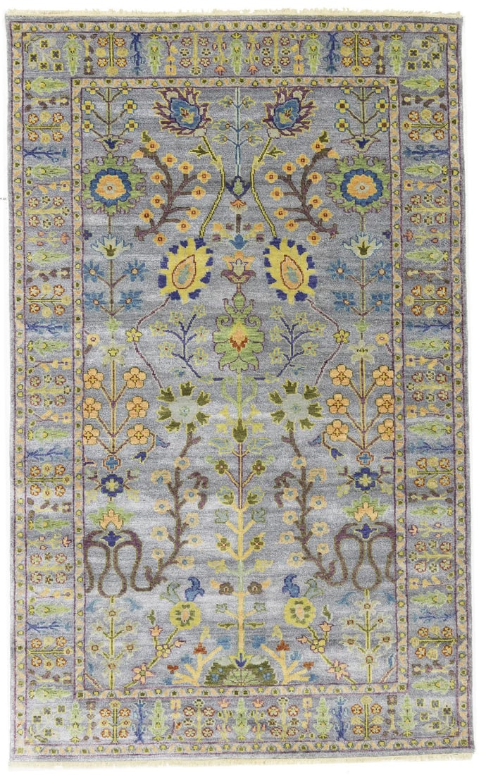 Hand-Knotted Silver Oushak Chobi Rug 4'10 x 7'10 Floral Design: Hand-Knotted Silver Oushak Chobi Rug 4'10 x 7'10 Floral Design Enhance your living space with this exquisite hand-knotted Silver Oushak Chobi rug, featuring a captivating Floral Tree of Life pattern. 