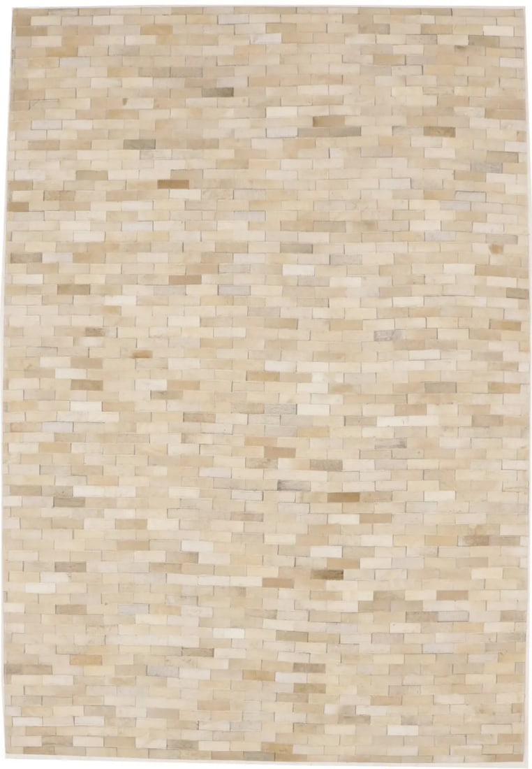 Modern 4x6 Beige Cream Geometric Cowhide Leather Area Rug Hand-Crafted in India: Modern 4x6 Beige Cream Geometric Cowhide Leather Area Rug Hand-Crafted in India This modern area rug is hand-crafted from beige and cream cowhide leather, featuring a geometric pattern that complement