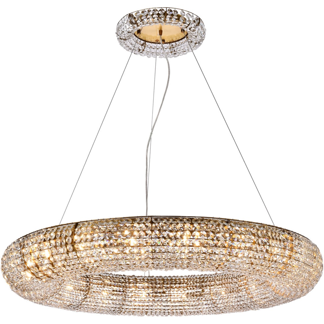 Paris 18-Light Gold Crystal Chandelier 41 in: Paris 18-Light Gold Crystal Chandelier 41 in This large modern chandelier from the Paris Collection features a striking gold finish and a halo design adorned with royal cut clear crystals. Measuring 4