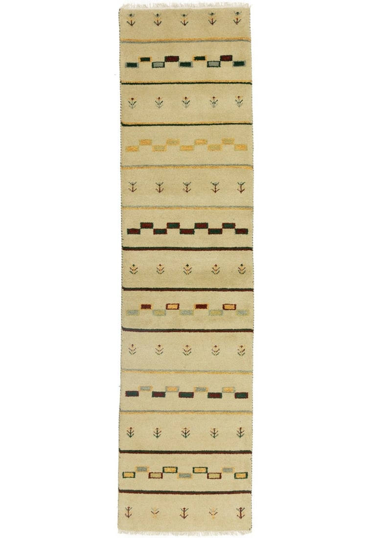 Indo Gabbeh Wool Runner Rug 2'6 x 9'10 Pictorial Tribal: Indo Gabbeh Wool Runner Rug 2'6 x 9'10 Pictorial Tribal This hand-knotted wool runner rug features a modern Indo-Gabbeh design with pictorial tribal patterns in cream, beige, dark green, gold, rusty r