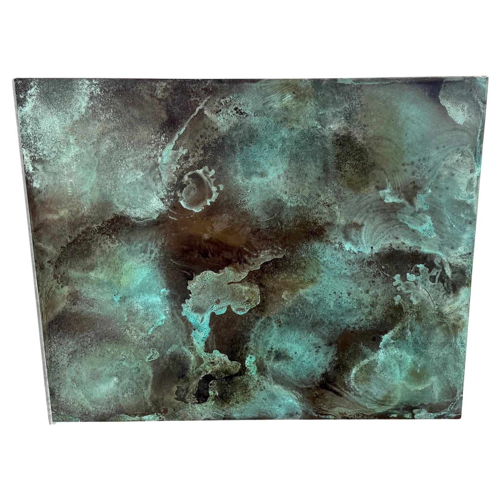 Treloar Shallow Water Verdigris Patinated Copper Panel No 3000c: Treloar Shallow Water Verdigris Patinated Copper Panel No 3000c Presenting a captivating wall panel titled "Shallow Water" by artist Treloar, this piece features a verdigris-patinated copper surface t