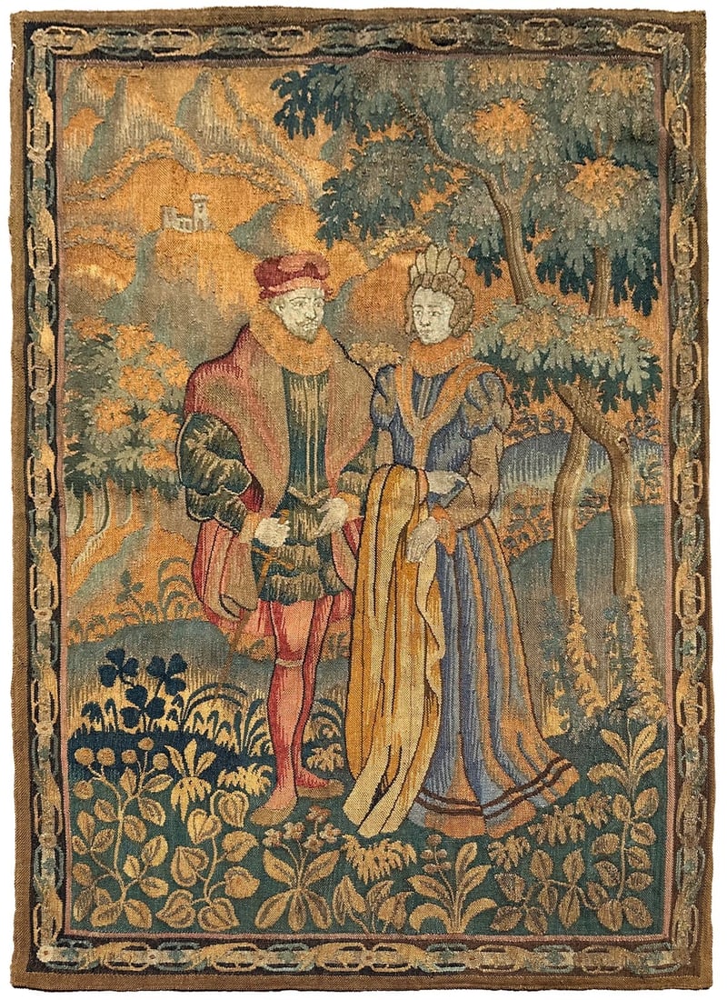 French wool wall tapestry verdure noblemen circa 1900 4 x 5 (1 of 14)