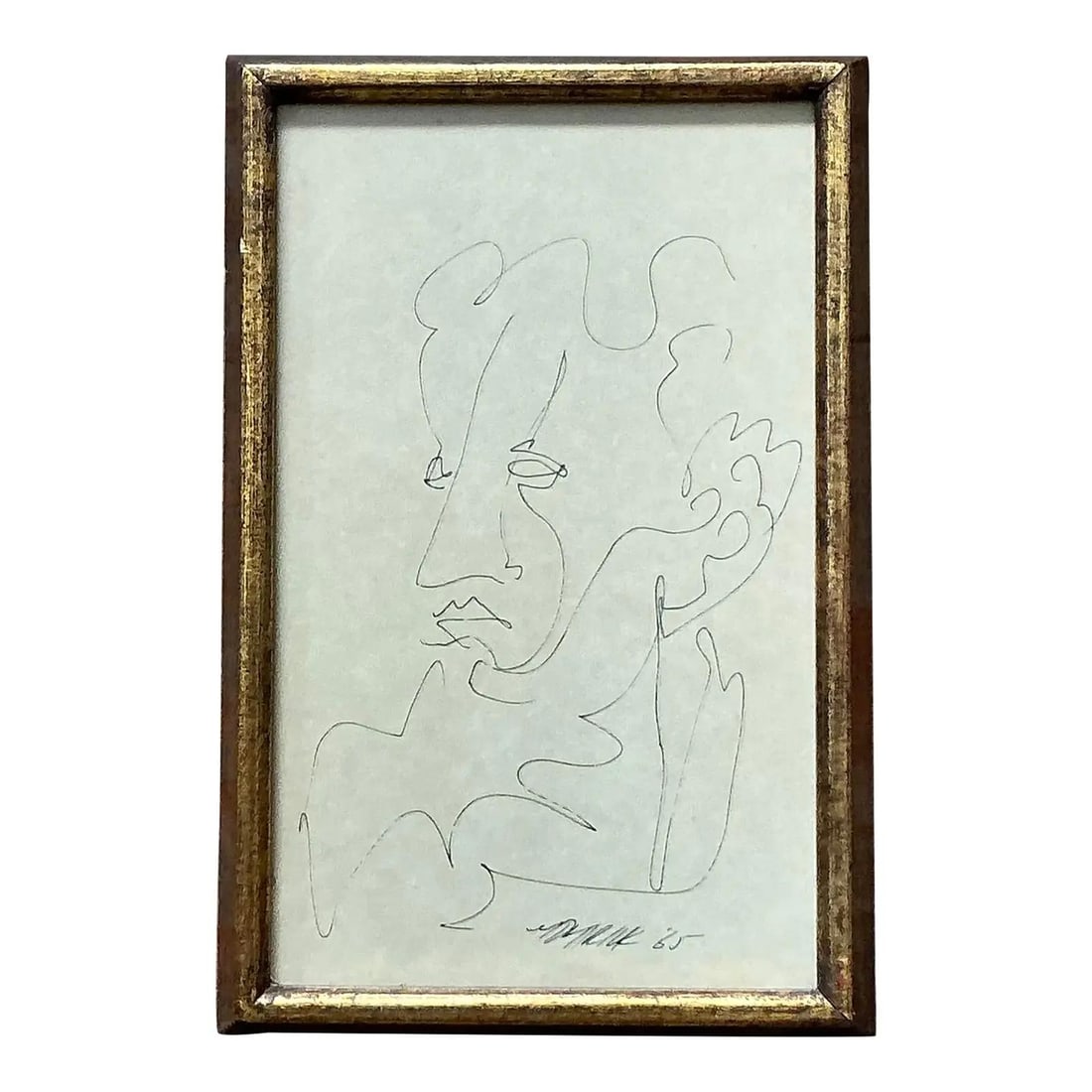 Framed 1965 Boho Pen and Ink Portrait Sketch in Gilt Frame: Framed 1965 Boho Pen and Ink Portrait Sketch in Gilt Frame This vintage original sketch from 1965 features a man's profile rendered in a fluid, continuous line with a distinctive Boho aesthetic. Showc
