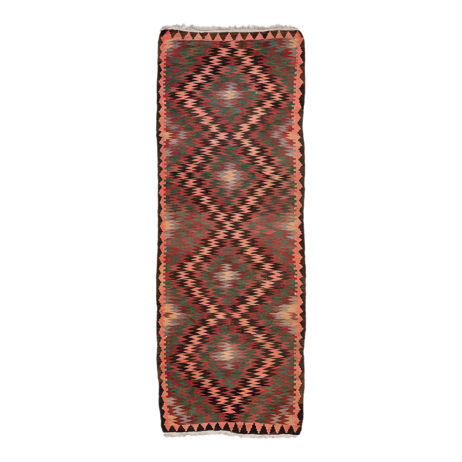 1960s Vintage Turkish Kilim Wool Runner Multicolor Tribal Design 4'6 x 12'10: 1960s Vintage Turkish Kilim Wool Runner Multicolor Tribal Design 4'6 x 12'10 This exquisite vintage Turkish Kilim runner is hand-knotted from high-quality wool, showcasing a beautiful beige field comp