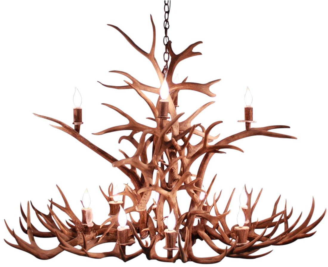 Handmade Rustic Elk Antler Chandelier USA 12 Bulbs: Handmade Rustic Elk Antler Chandelier USA 12 Bulbs Illuminate your space with this exquisite rustic bowl chandelier, handcrafted from genuine elk and mule deer antler. This stunning piece showcases an