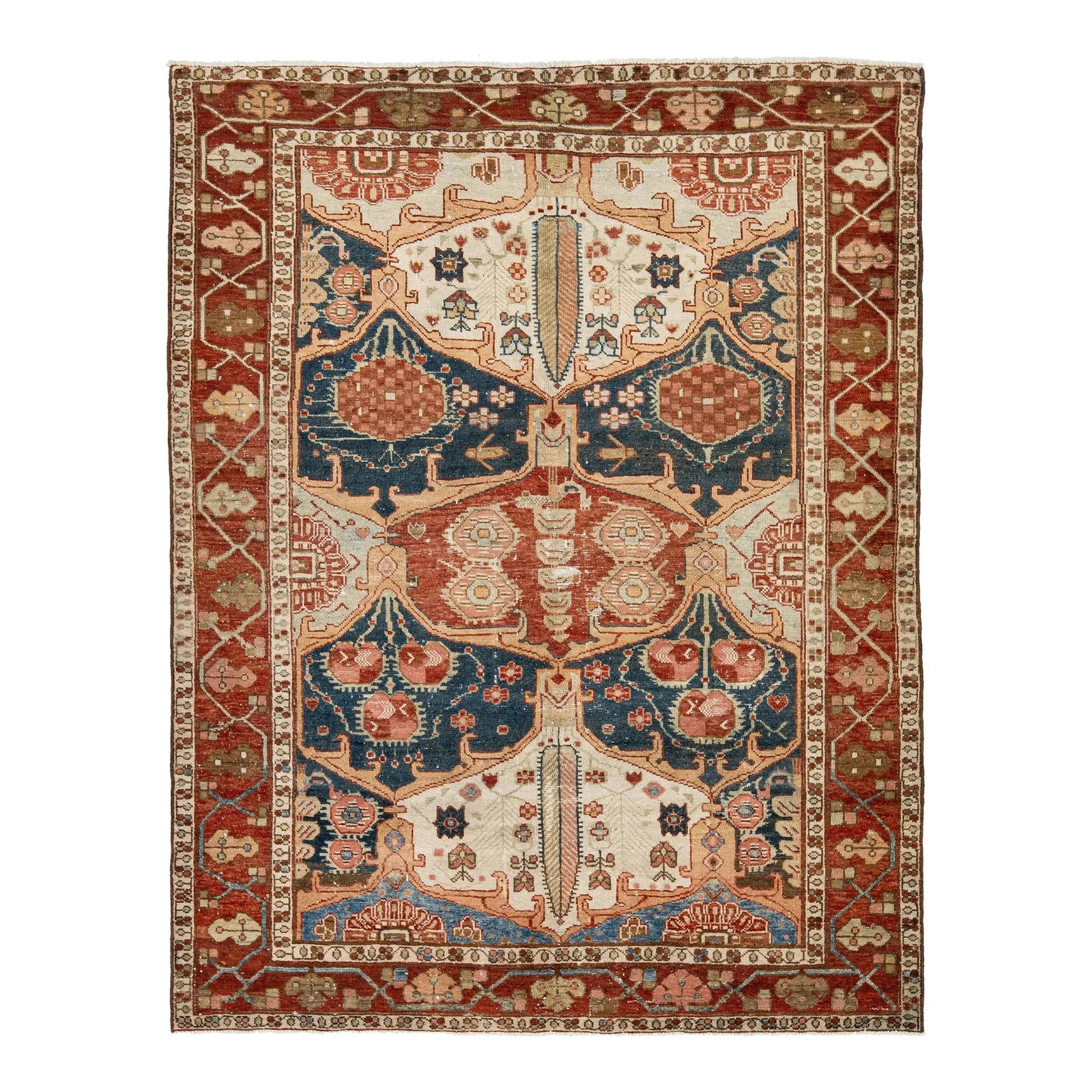 Vintage Persian Bakhtiari Wool Rug Allover Design Blue Rust: Vintage Persian Bakhtiari Wool Rug Allover Design Blue Rust This exquisite Vintage Handmade Persian Bakhtiari wool rug features a captivating blue and rust color field, beautifully accented with hues 