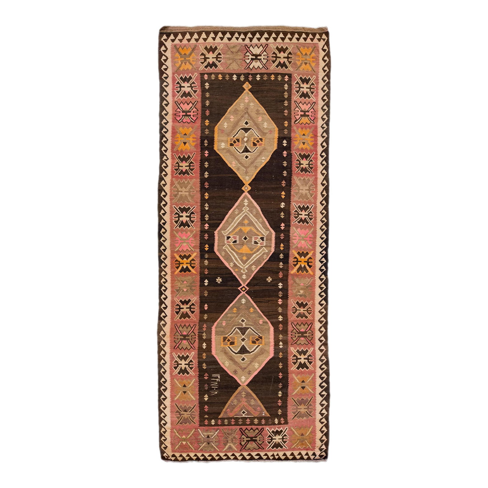 Vintage Turkish Kilim Wool Runner 5'3 x 13'7 Tribal Design: Vintage Turkish Kilim Wool Runner 5'3 x 13'7 Tribal Design This stunning vintage Turkish Kilim runner is a hand-knotted piece crafted from high-quality wool. Featuring a rich brown field complemented 