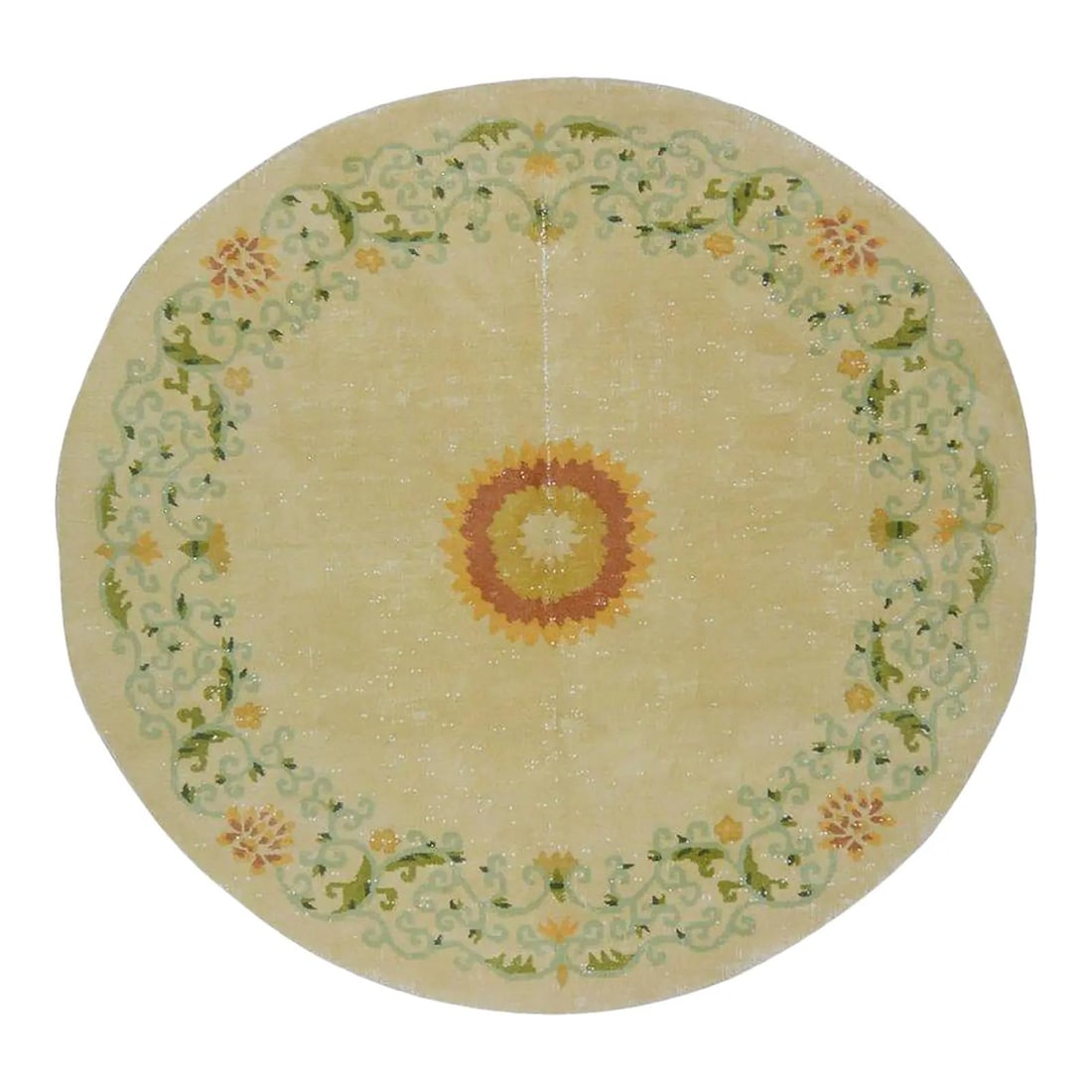 Hand-Knotted Wool Chinese Art Deco Rug Green 5'8" x 6' Vintage: Hand-Knotted Wool Chinese Art Deco Rug Green 5'8" x 6' Vintage This vintage Chinese Art Deco rug is hand-knotted from wool using traditional techniques, combining classic craftsmanship with a modern d