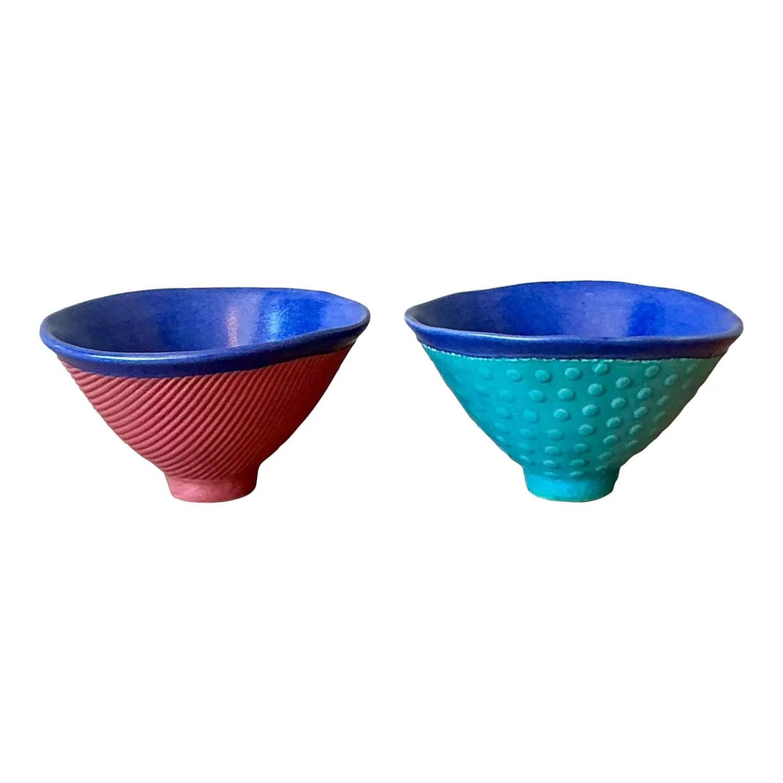 Pair of Colorful Postmodern Studio Pottery Bowls with Sculptural Texture Set of 2 (1 of 6)