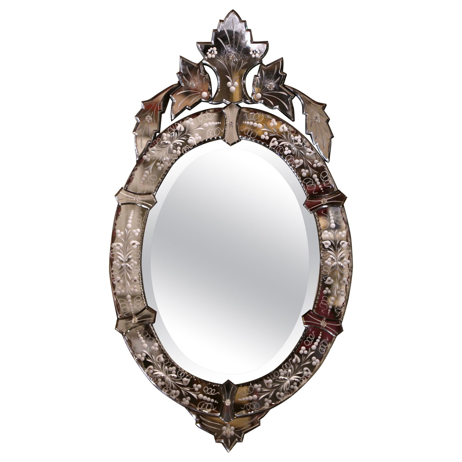 Italian Oval Mercury Glass Wall Mirror with Hand Painted Floral Etching (1 of 8)